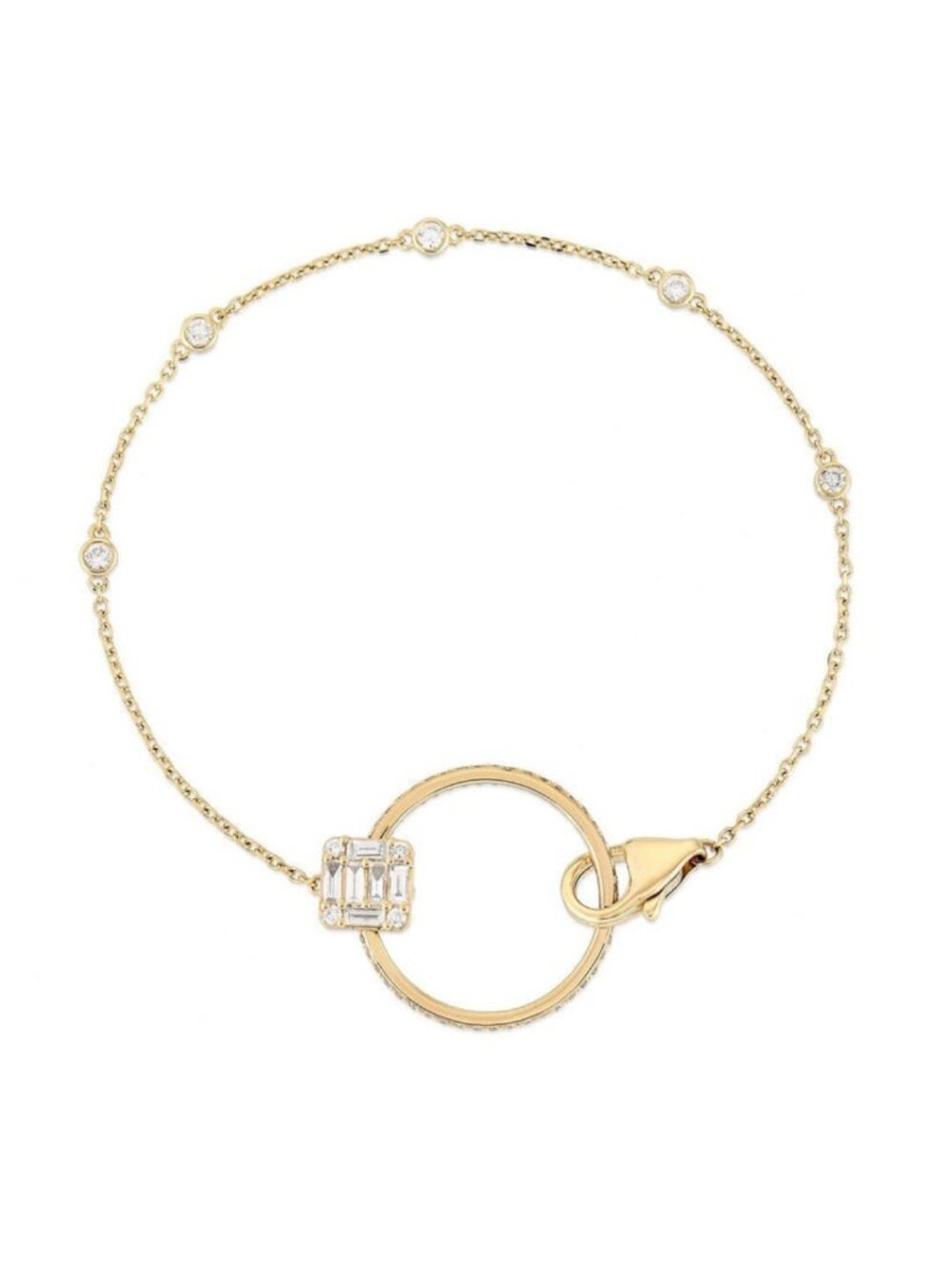 Baguette Diamond Circle Charm 14K (or 18k upon request) Yellow Gold Bracelet